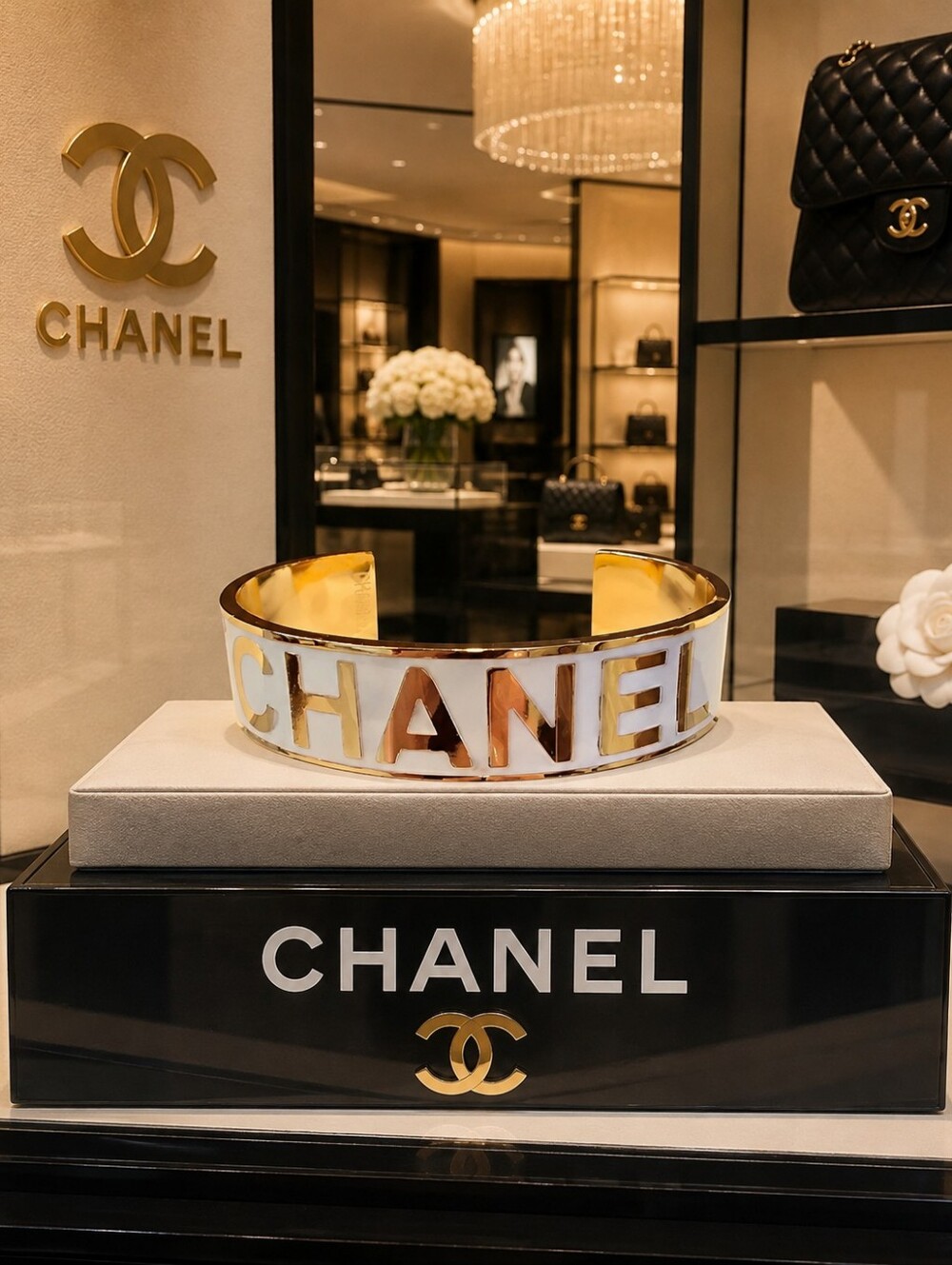 Elegant Gold Tone & White Bracelet With Chanel Logo